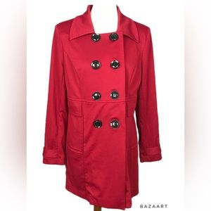Knit Peacoat Trench Coat Daisy Fuentes Red Sangria Midi Med Weight Washable NWT
